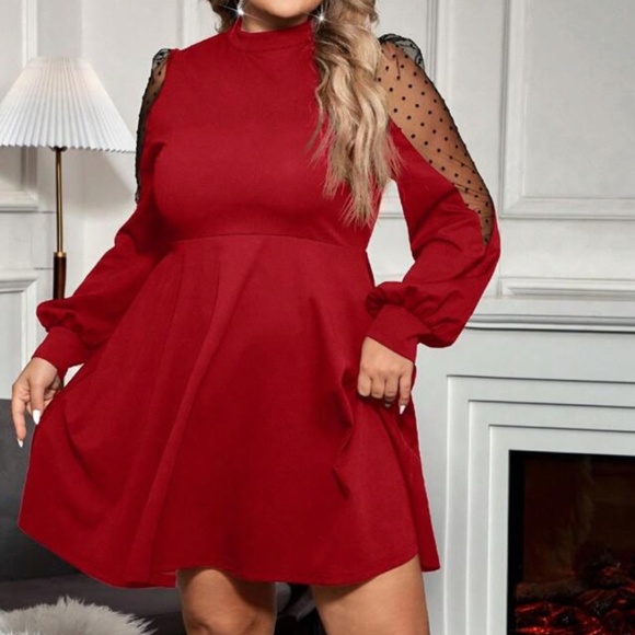 Plus Polka Dot Sheer Sleeve Evening Formal party Holiday Dress - Picture 6 of 10